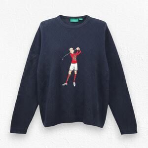 Vintage LizGolf Navy Blue Embroidered Golfer Cotton Argyle Sweater Size Medium